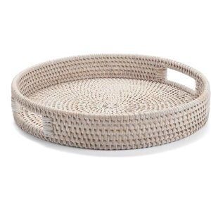11.8 inch Round Rattan Tray,Ottoman Tray,Woven Serving Tray with Cut-Out Handles